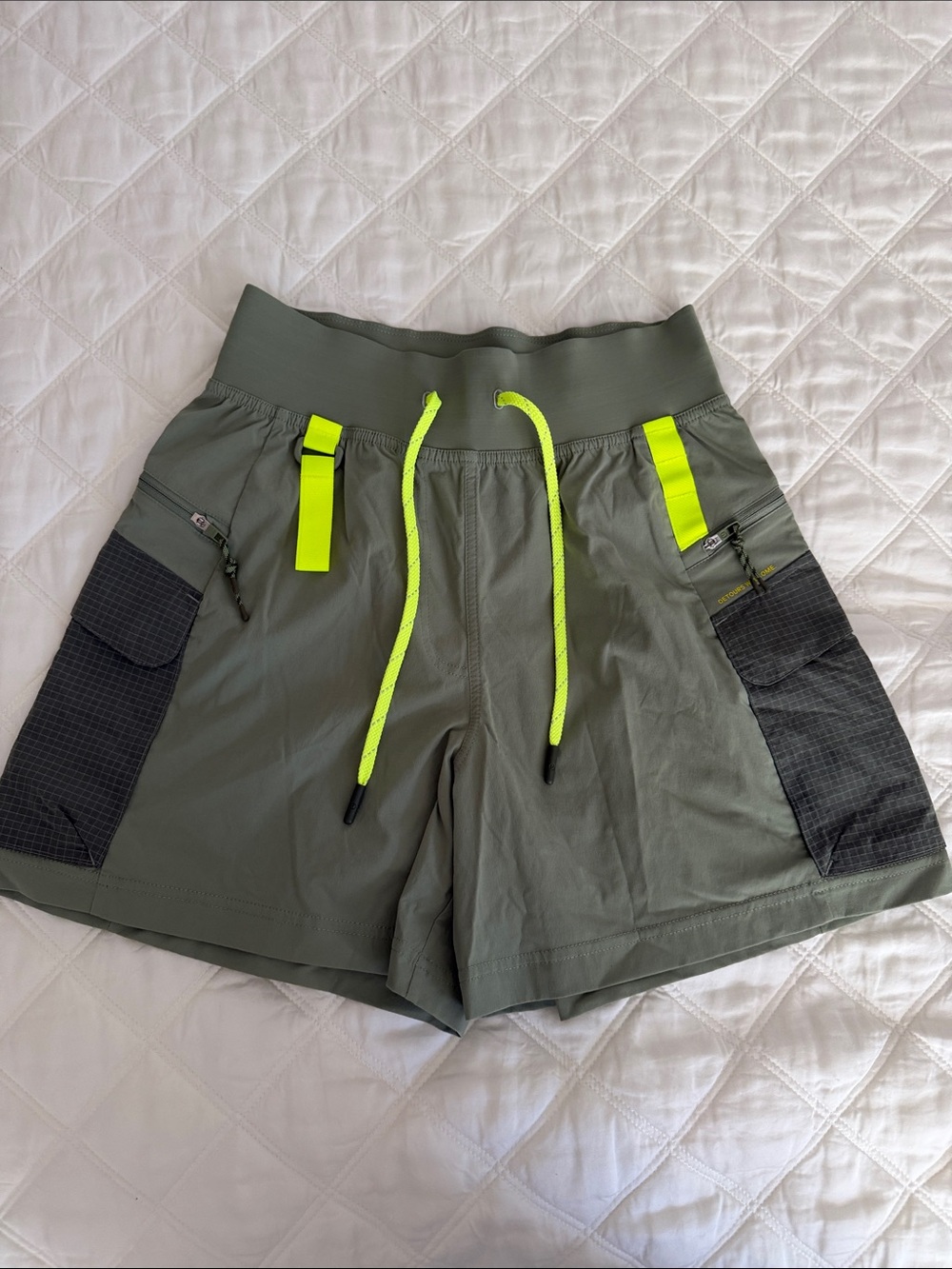 Women’s Olive Green Active Cargo Shorts with Neon Accents